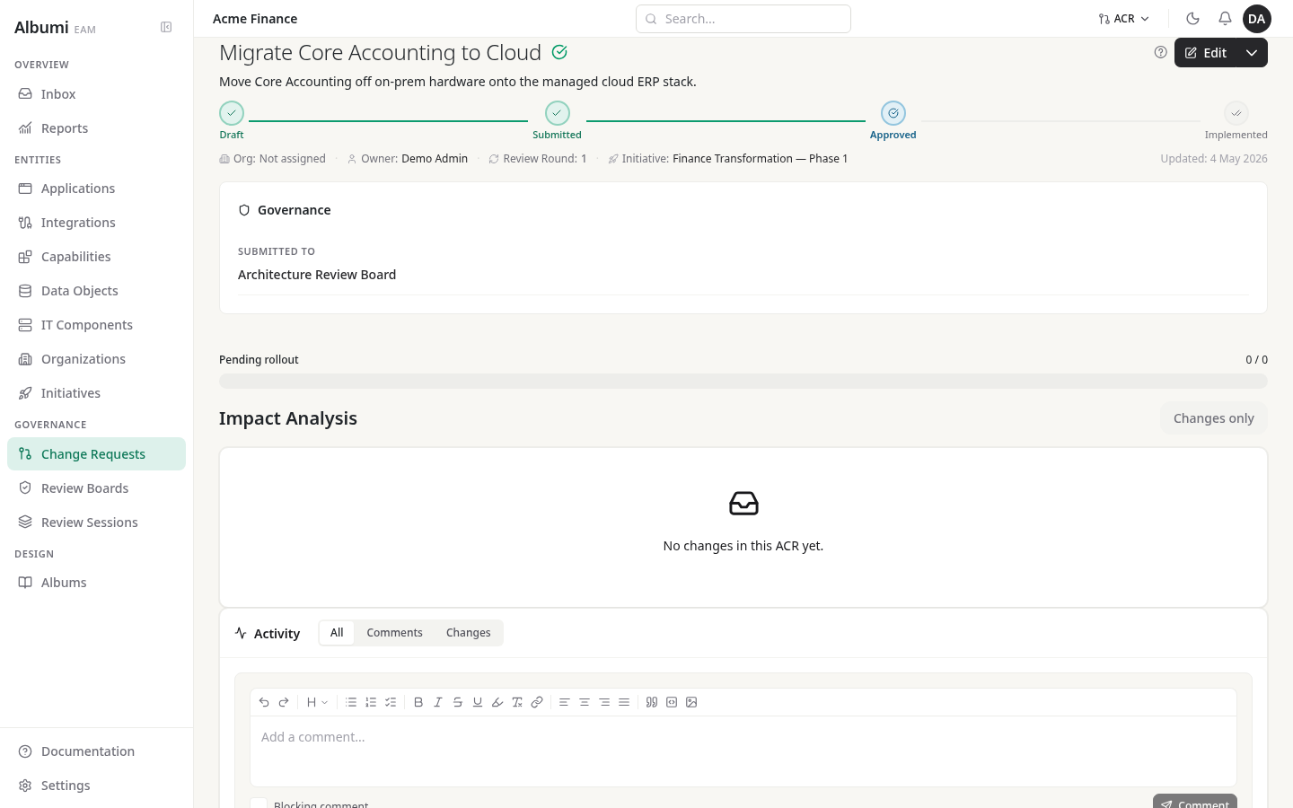 Architecture Change Request &lsquo;Migrate Core Accounting to Cloud&rsquo; in Albumi - lifecycle bar with Draft and Submitted complete, Approved current, Implemented pending; submitted to Architecture Review Board, owner Demo Admin, linked to Finance Transformation Phase 1 initiative.