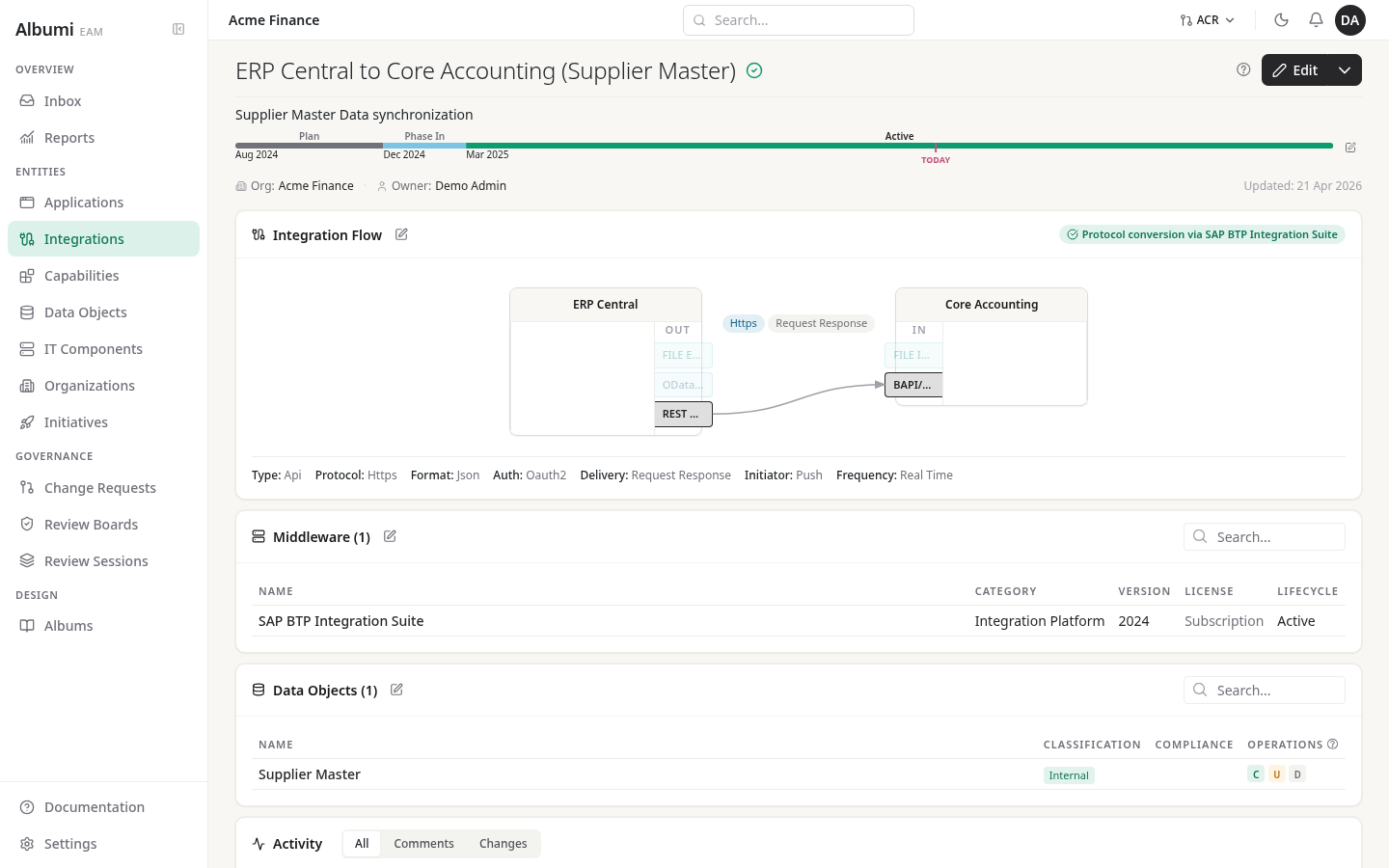 Integration detail in Albumi - ERP Central to Core Accounting (Supplier Master), API integration with middleware, transporting Supplier Master data object with C U D operations declared.