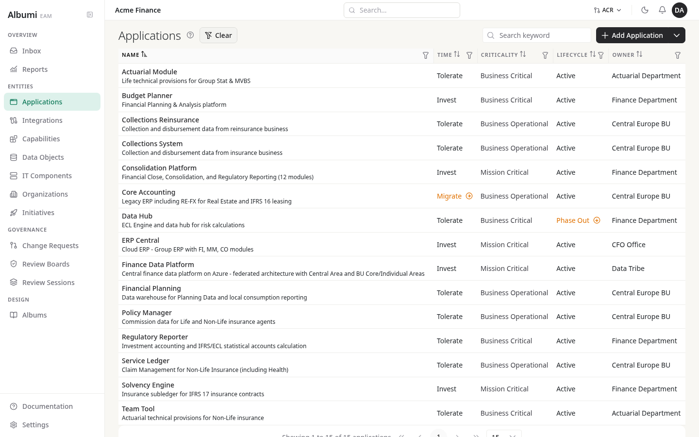 Application portfolio list view in Albumi - fifteen applications including ERP Central, Core Accounting, Finance Data Platform, Policy Manager, Service Ledger; columns for TIME classification (Invest / Migrate / Eliminate), criticality (Mission Critical / Business Operational / Administrative), lifecycle bar, owning organisation, type, hosting.